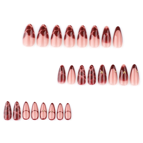 Wine Red Press On Nails Almond Shape French Marble Texture Artificial Nails With Golden Beads Elegant For Women