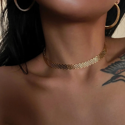 18K Gold Plated Stainless Steel Bold Mesh Chain Necklace For Women Minimalist Flat Grid Weave Choker Fashion Jewelry