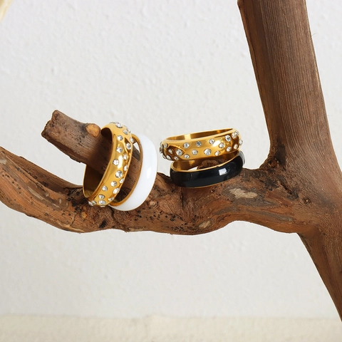 Anelli Sovrapponibili Acciaio Titanio Placcato Oro 18K Smalto Zirconia Strass Gioielli Di Lusso Eleganti Donna