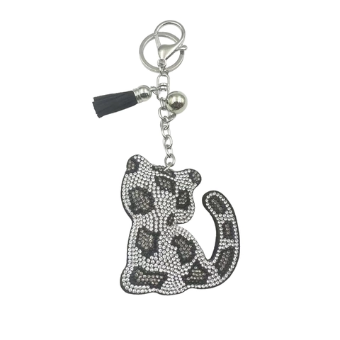Llavero De Gato Con Diamantes De Imitación Aleación Estampado De Leopardo Colgante De Bolso Con Borla Campana Regalo Lindo