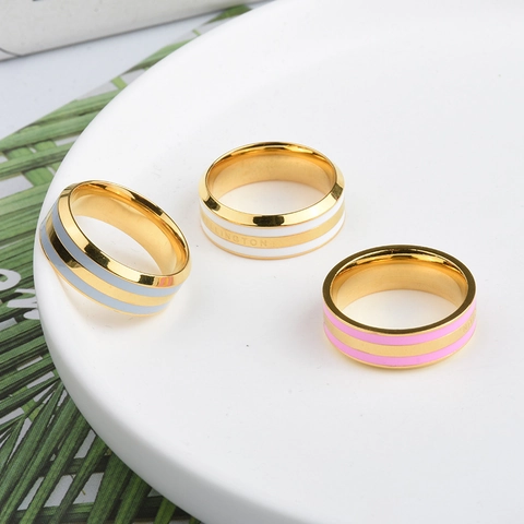 Minimalist Titanium Steel Ring Gold Plated Enamel Striped Band Geometric Mirror Polish Trendy Jewelry Accessory For Couples