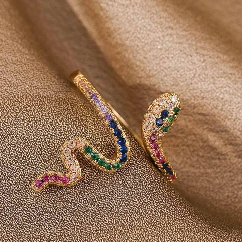 Snake Open Ring Copper Gold Plated Multi Color Cubic Zirconia Adjustable Animal Jewelry For Women Trendy