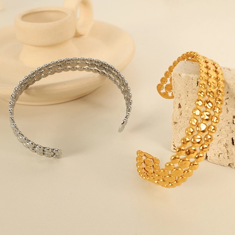 Bracelet Jonc Minimaliste en Acier Titane pour Femmes Texture à Trois Rangées de Points Réglable Plaque Or Argent Bijoux Mode