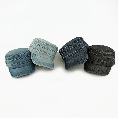 Washed Denim Cadet Cap Flat Top Military Hat Adjustable Retro Vintage Sun Protection Cotton Unisex Casual Headwear