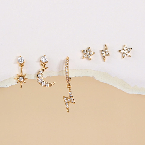 Orecchini In Zirconia Celestiale Stella Luna Fulmine Rame Placcato Oro Gioielli Di Tendenza Per Donne
