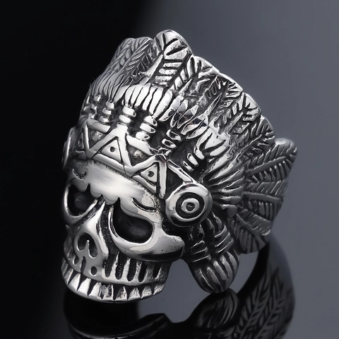 Men Vintage Indian Chief Skull Ring Stainless Steel Punk Rock Gothic Feather Headdress Retro Biker Jewelry Gift