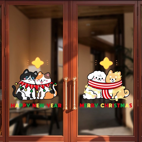 Christmas New Year Window Clings Static PVC Stickers Cartoon Cat Dog Double Sided Glass Door Festive Party Decorations