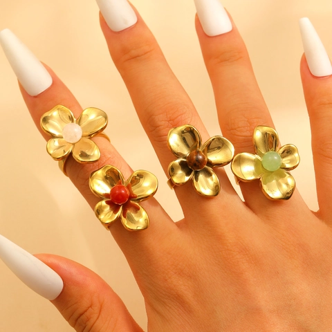 Fashion 304 Stainless Steel Floral Open Ring For Women Natural Stone Flower Decorative Finger Ring Chic Jewelry Accessory