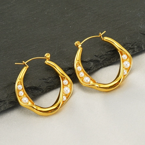 Orecchini A Cerchio Irregolari Ondulati Acciaio Inossidabile Placcato Oro 18K Con Perla Artificial Vintage Geometrico Minimalista Lusso Donne
