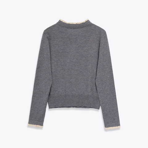 Dames Gebreid Vest Kant Trim Ronde Hals Lange Mouwen Knoop Sluiting Frans Retro Elegant Grijs