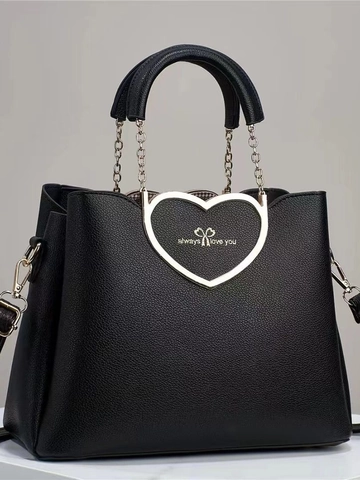 Women PU Leather Handbag Heart Shaped Metal Handle Litchi Grain Shoulder Crossbody Bag Large Capacity Daily Fashion