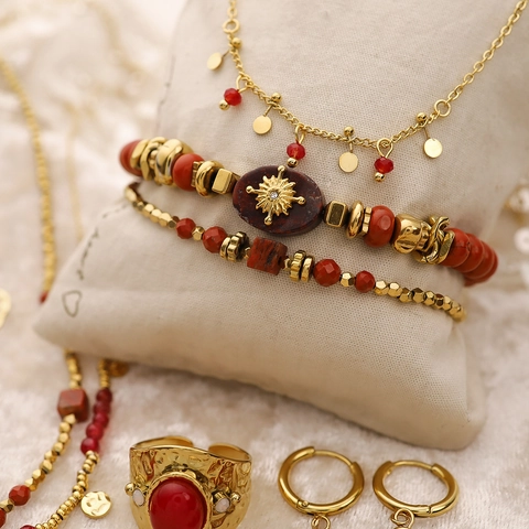 Retro Boho Schmuck Für Damen Edelstahl Vergoldet Rote Perlen Naturstein Halskette Ohrringe Armband Ring