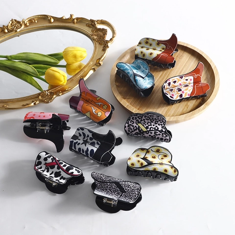 Western Cowboy Hat Boot Acrylic Hair Claw Clips Retro Cow Leopard Star Print Non Slip Strong Hold Shark Hairpin Women