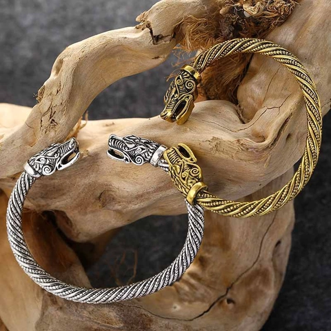 Drachenkopf Wikinger Armreif Offen Legierung Gedreht Gewebt Vintage Punk Schmuck Für Damen Herren
