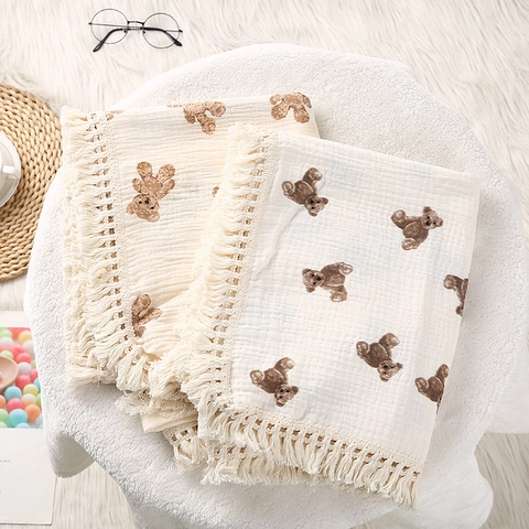 Muslin Cotton Baby Blanket Swaddle Wrap Breathable Gauze Receiving Blanket With Tassels For Infants Newborns