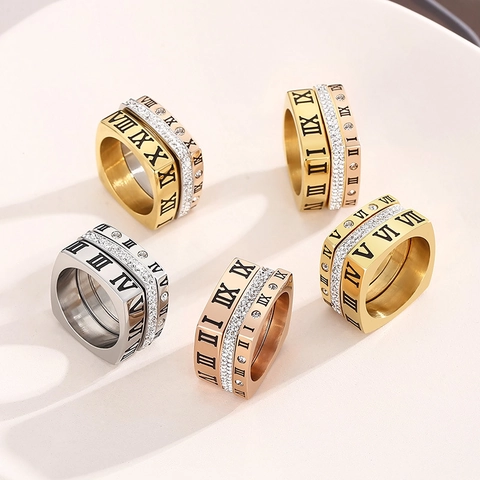 Roman Numerale Mode Ring Edelstahl Zirkonia Inlay Vintage Quadrat Rund Finger Schmuck Für Männer Frauen Paar