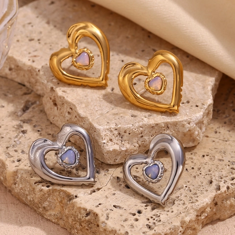 Orecchini a Bottone a Cuore in Acciaio Inossidabile Minimalisti da Donna Strass Iridescente Placcati in Oro 18K