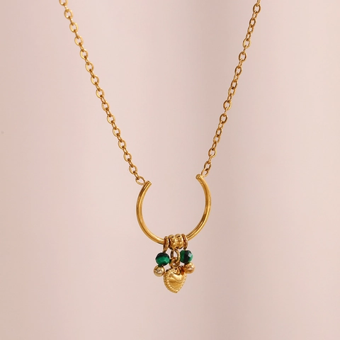 Vintage Herz Anhänger Kette 18K Vergoldeter Edelstahl Mit Grünen Perlen U-Form Ring Mode Schmuck Für Damen