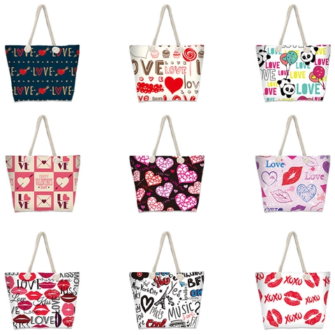Grote Canvas Tote Tas Met Katoenen Touwhandvat En Geprinte Letter Hart Strandtas Voor Dames Casual