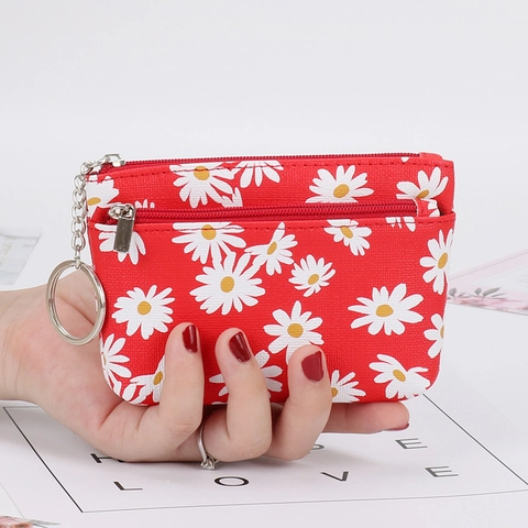 Daisy Print Coin Purse PU Leather Zippered Mini Pouch With Key Ring Floral Wallet For Women