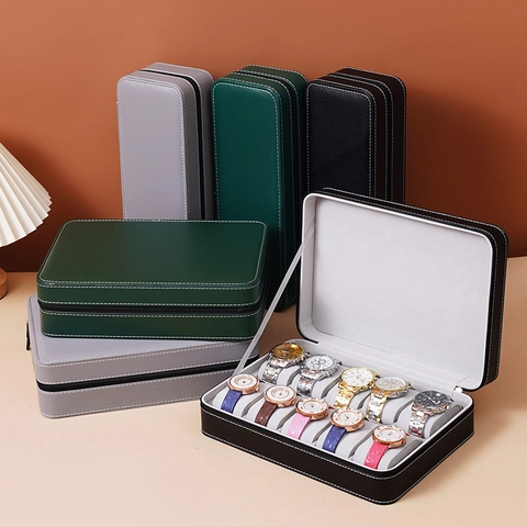 Watch Storage Box Zippered Travel Case PU Leather Exterior Velvet Lining Portable Jewelry Organizer Display