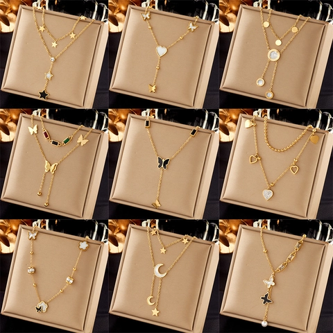 Roestvrijstalen Multi Layer Vlinder Ster Maan Hanger Halsketting Voor Vrouwen Vergulde Strass Kunstparel Sieraden