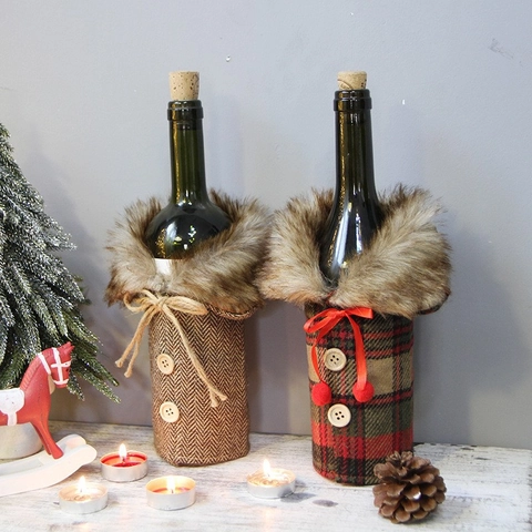 Christmas Wine Bottle Cover Faux Fur Collar Herringbone Plaid Fabric Wood Button Decorative Festive Winter Coat Style