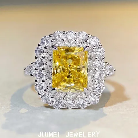 925 Sterling Silver Ring Radiant Cut Square Carbon Diamond Luxury Double Halo Wedding Engagement Jewelry For Women