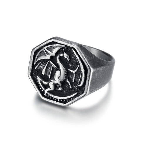 Dragon Signet Ring 316L Stainless Steel Vintage Octagonal Viking Biker Punk Jewelry For Men