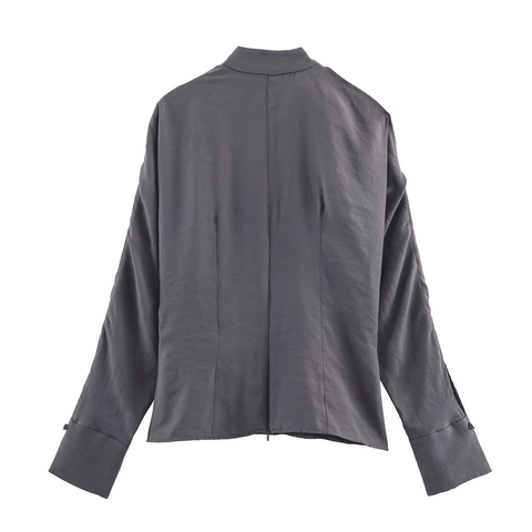 Women Satin Blouse Bow Tie Shoulder Slit Long Sleeve Mock Neck Solid Grey Elegant Pullover Top
