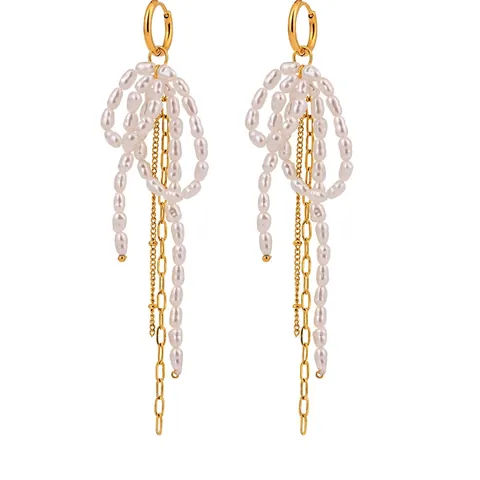 Bowknot Tassel Creolen 18K Goud Verguld Roestvrij Staal Kunstparel Lange Elegante Waterdichte Hypoallergene Dames Oorbellen