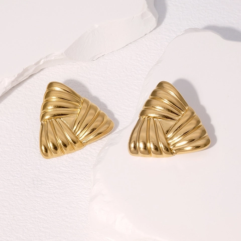 Vintage Triangle Stud Earrings For Women Stainless Steel Geometric Fan Textured Minimalist Retro Gold Silver Ear Jewelry