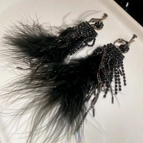 Boucles D'Oreilles À Clip Gothiques À Franges En Plumes Noires Et Strass Longues Rétro Boho Pour Femmes