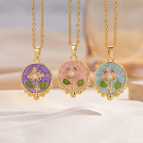 Collar Colgante Flor Esmalte Redondo Acero Titanio Y Cobre Cadena Con Perla Artificial Falsa Joyas Elegantes Regalos Para Mujeres