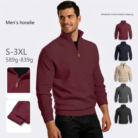 Men Half Zip Sweatshirt Polyester Jacquard Stand Collar Casual Long Sleeve Pullover Ribbed Texture Solid Color Urban