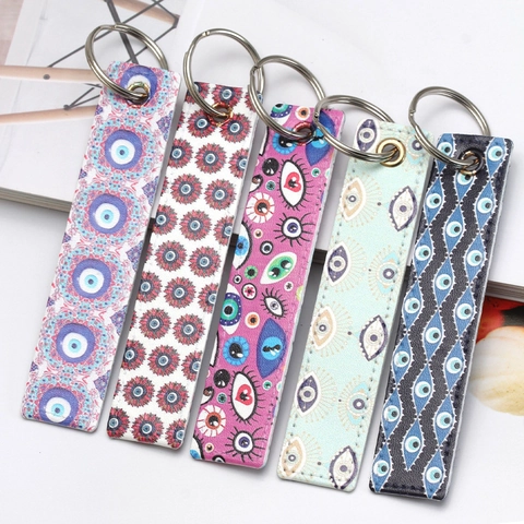 Evil Eye Kunstleder Schlüsselanhänger Ethnisch Bohemian Druck Rechteckiger Schlüsselring Für Tasche Dekor Damen Herren Schmuck