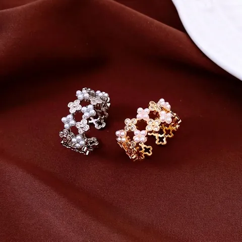 Open Adjustable Ring Copper Zircon Artificial Pearl Hollow Out Clover Flower Retro Elegant Jewelry For Women