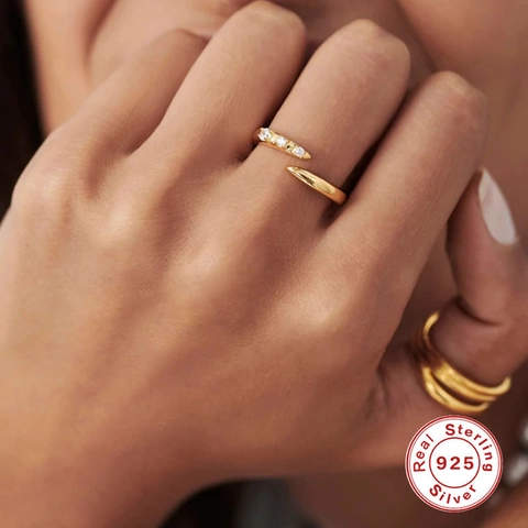 Anillo Abierto Geométrico De Plata De Ley 925 Bañado En Oro De 18K Perla Artificial Circón Joyería Minimalista Ajustable