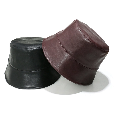 Sombrero De Pescador Para Mujer Chic Cuero PU Color Sólido Minimalista Resistente Al Viento Para Otoño Invierno
