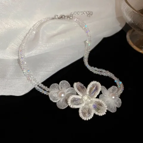 Blumen Künstliche Perlenkette Edelstahl Choker Chiffon Stoff Blütenblätter Kunstperle Eleganter Süßer Ästhetischer Schmuck Frauen