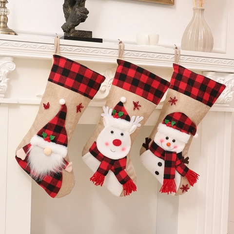 Calza Di Natale Lino Quadri Buffalo Cartone Animato Borsa Appesa Babbo Natale Renna Pupazzo Di Neve Gnomo Arredamento