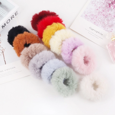 Faux Fur Scrunchies Plush Soft Hair Ties High Elasticity Winter Fluffy Hair Bands For Women Girls Solid Ponytail Holder