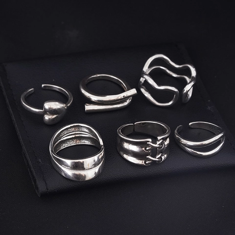 Vintage Silver Color Copper Open Rings For Women Heart Shaped Wave Multi Layer Punk Minimalist Adjustable Finger Jewelry