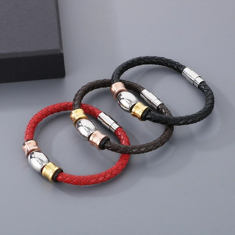 Geflochtenes Armband Halskette Aus Echtem Rindsleder Edelstahl Magnetverschluss Mehrfarbige Perlen Minimalistischer Punk Stil