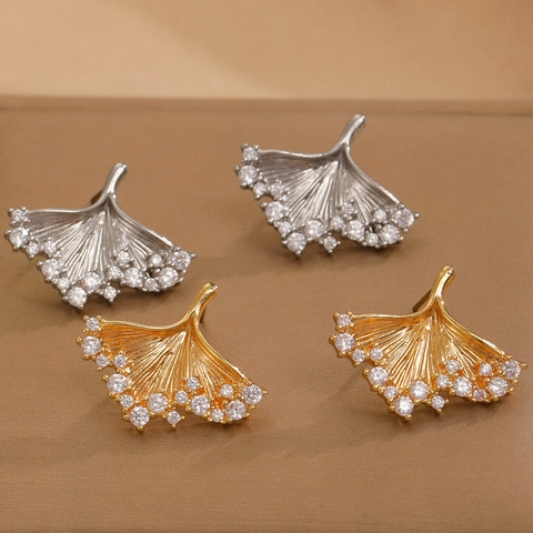 Ginkgo Leaf Jewelry Women Alloy Gingko Maple Leaf Necklace Earrings Ring Cubic Zirconia Elegant Ins Style Accessories
