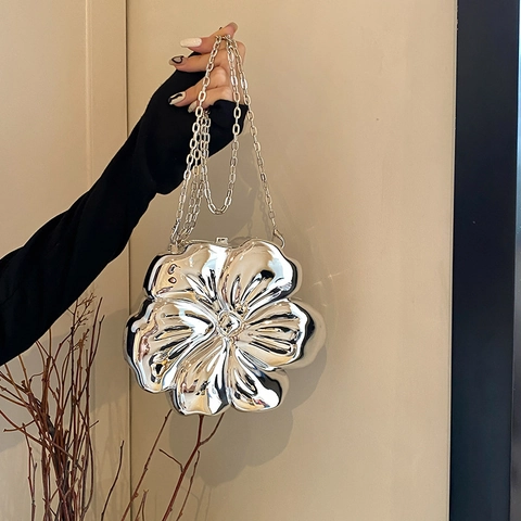 Flower Shape Evening Bag Acrylic Metal Mirror Texture Clutch Chain Crossbody Party Purse For Women