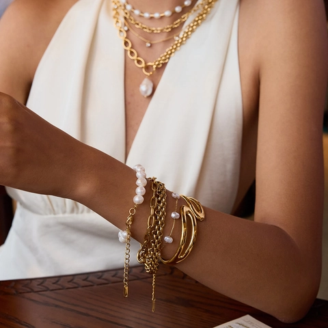 18K Gold Plated Stainless Steel Artificial Pearl Bracelet Elegant Non Tarnish Waterproof Hypoallergenic Jewelry For Women