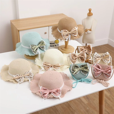 Girls Children Straw Sun Hat And Crossbody Bag Floral Bow Lace Trim Summer Beach Sunshade Breathable Princess Style