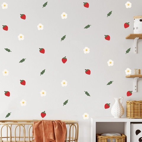 Strawberry Flower Wall Stickers PVC Self-Adhesive Removable Decals For Nursery Kids Room Bedroom Home Decor Minimalist Nordic