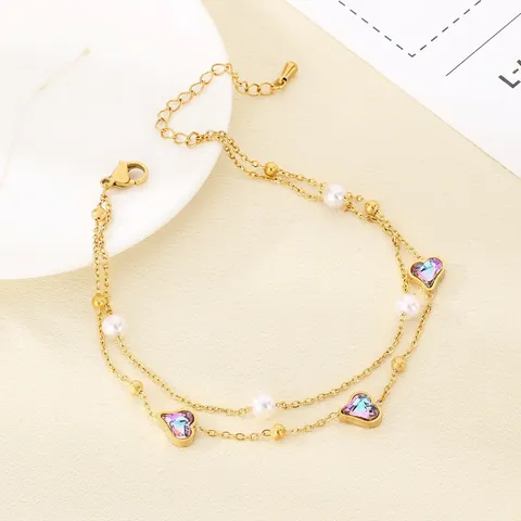 Doppelreihiges Edelstahl Fusskettchen Mit Buntem Herzkristall Und Weissen Künstliche Perlen Elegante Verstellbare Fussschmuck Für Frauen